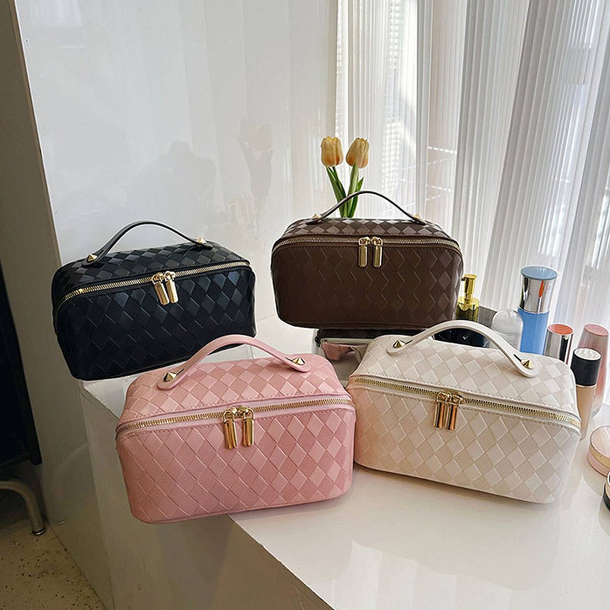 NEW DIAMOND PU LEATHER FLAT COSMETIC BAG_CWAB4375