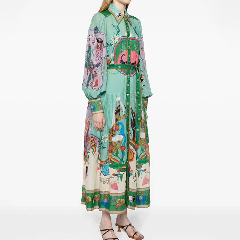 Lantern sleeve print lapel waist swing dress