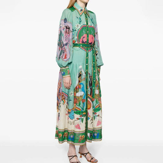 Lantern sleeve print lapel waist swing dress