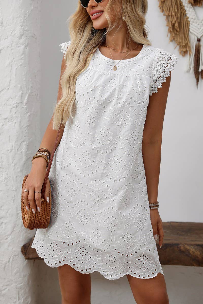 CWDSD8219_SUMMER SHORT-SLEEVED SOLID COLOR HOLLOW DRESS