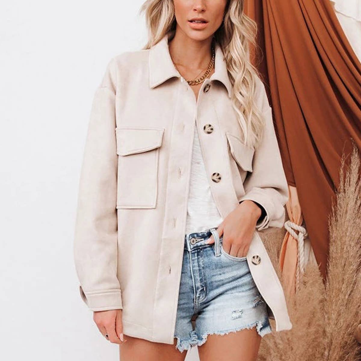 SINGLE BREASTED COMPOSITE SUEDE LONG SLEEVE COAT