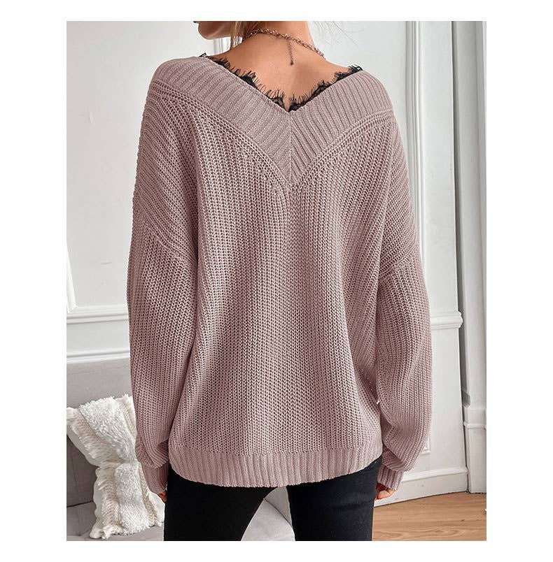 Patchwork Lace Jumper Solid Color Knit Sweater