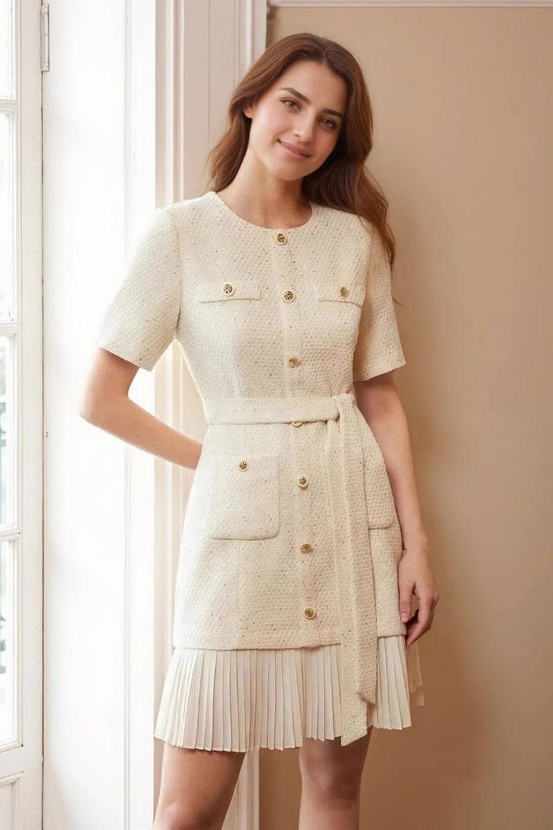 CWDSD8822_CREW NECK TWEED BUTTON TIE PLEATED DRESS