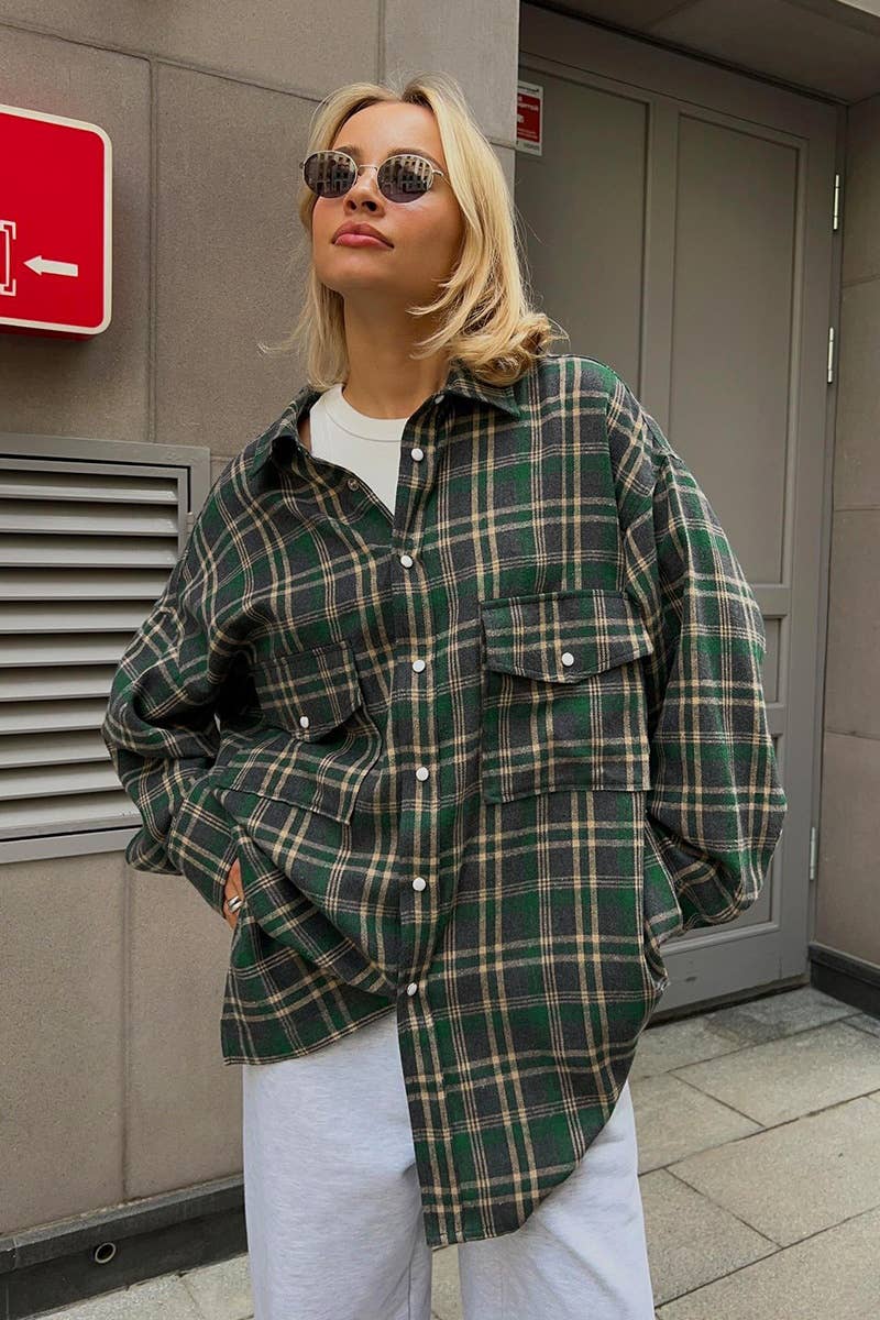 Cwtstl2319_Vintage Plaid Pocket Long Sleeve Shirt Top