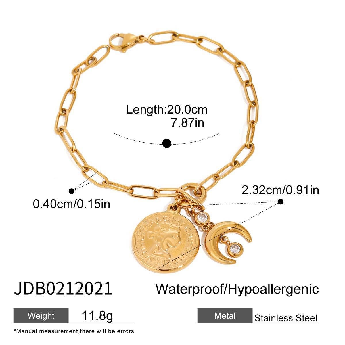 18K Gold Coin & Moon Zircon Bracelet, Titanium_CWAJE4703