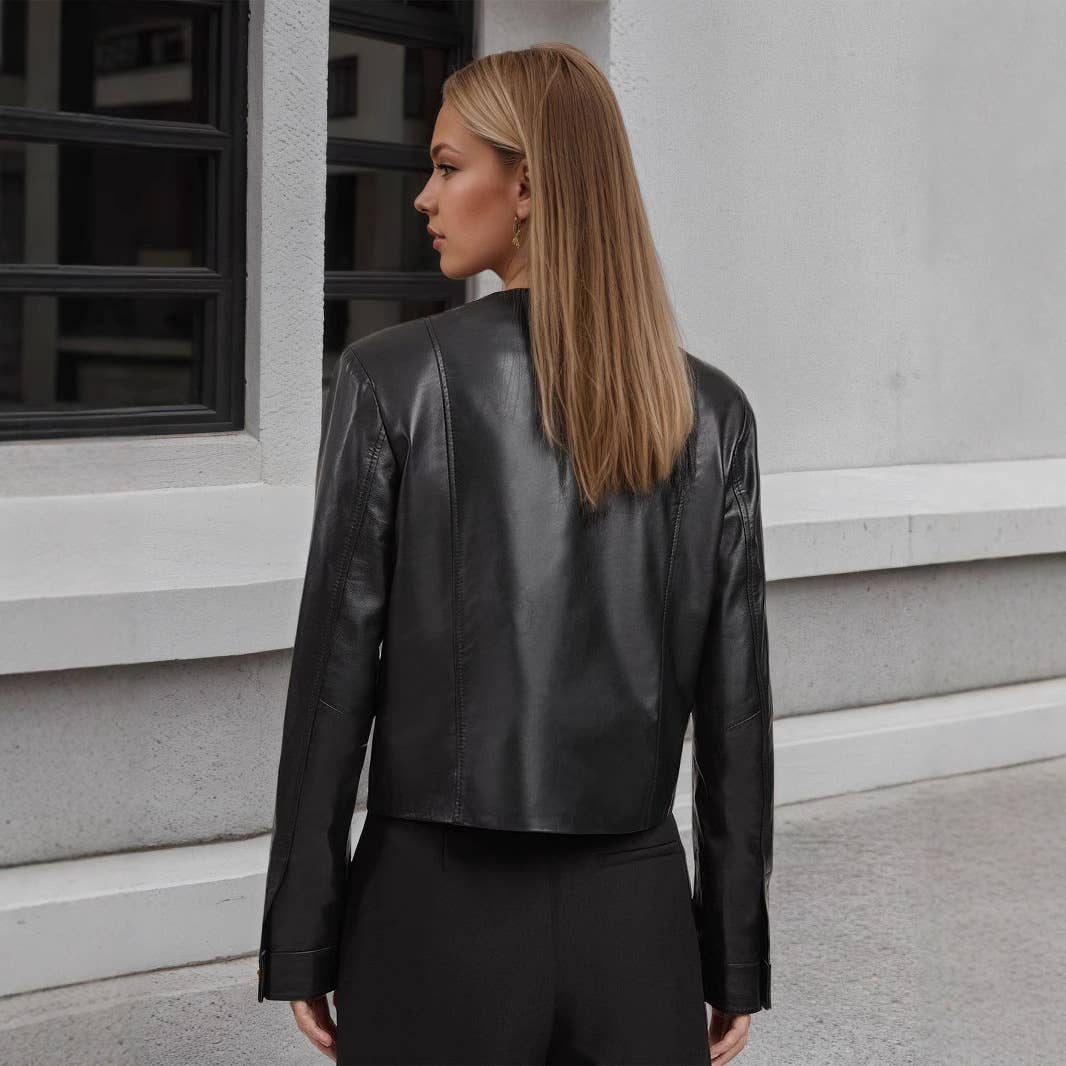Round-neck single-breasted leather jacket