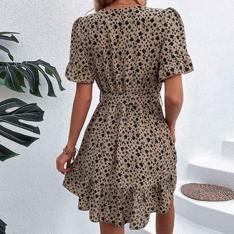 LACE WAIST STYLE RUFFLED V-NECK FLORAL DRESS