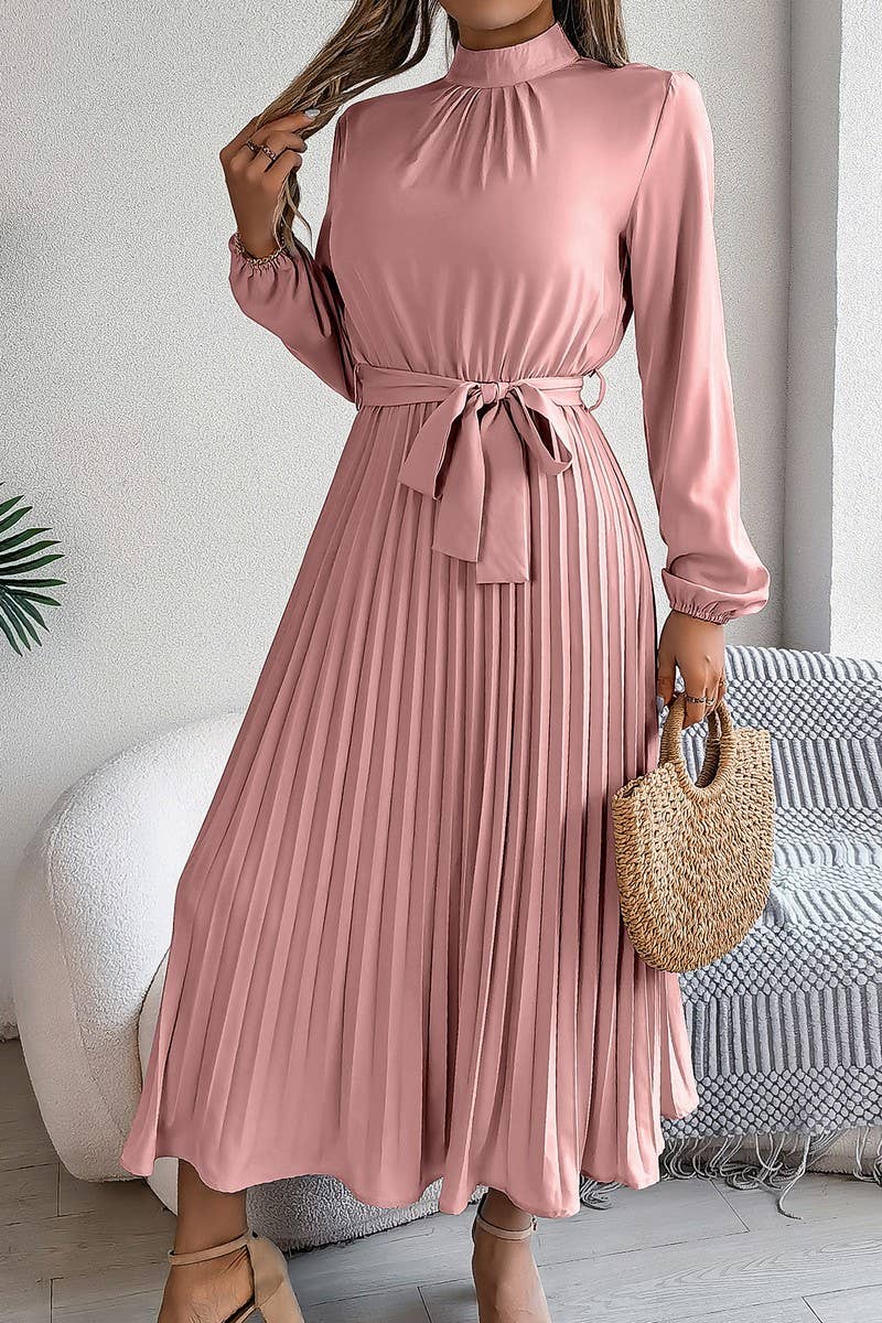 CWDMD3430_TIE STAND COLLAR PLEATED MAXI DRESS
