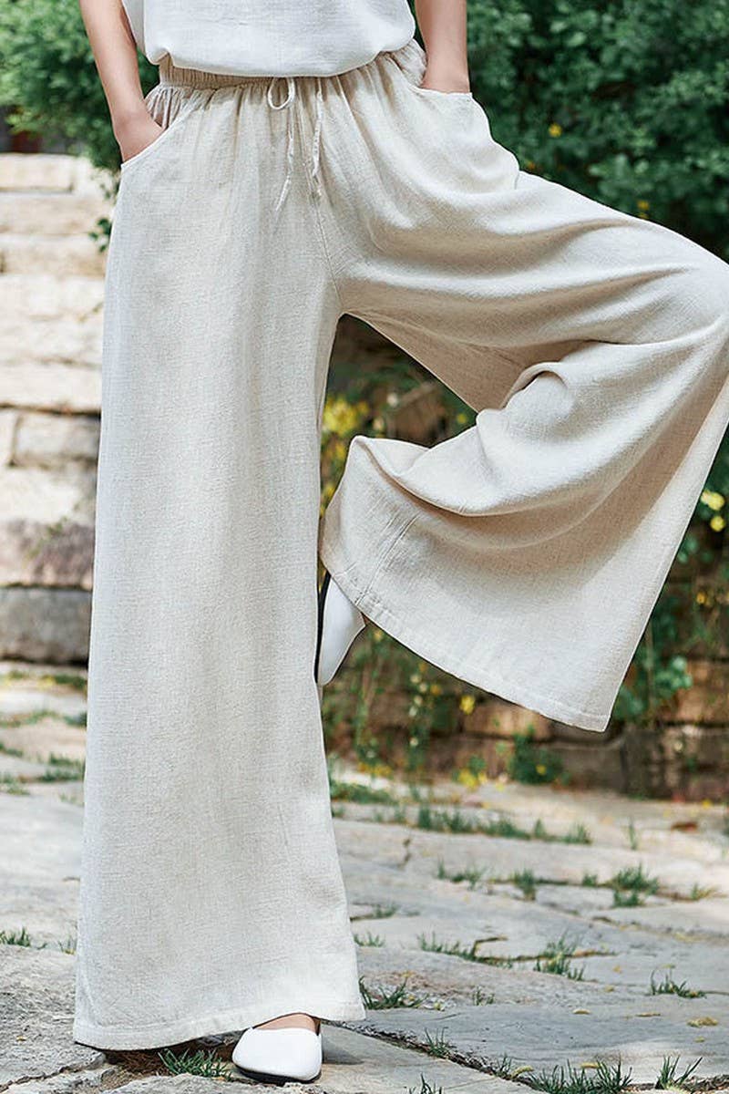 CWBLP1376_COTTON AND LINEN DRAWSTRING WIDE LEG PANTS