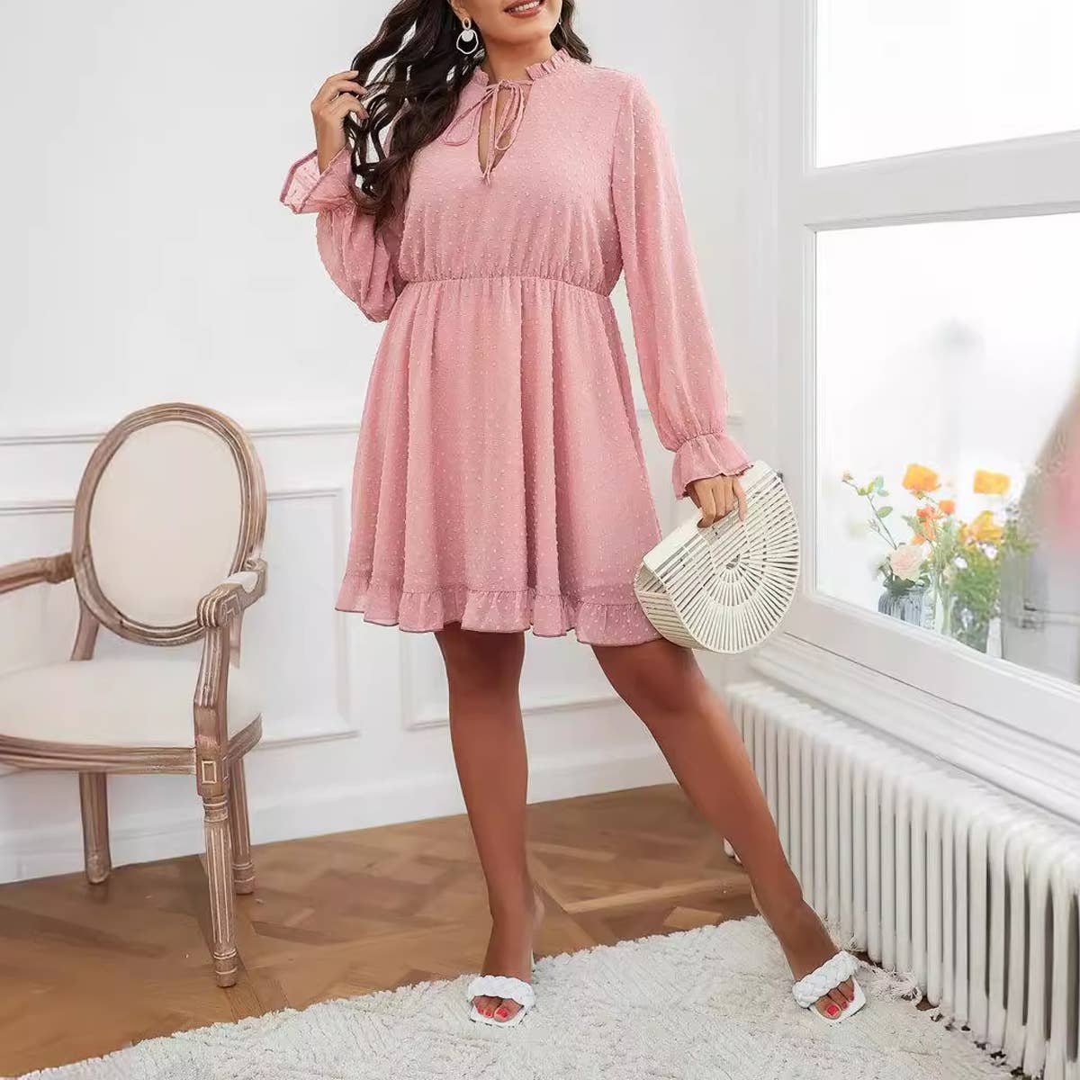 Fashion Plus Size Ruffle Hem Pink Dress_CWDSD8486