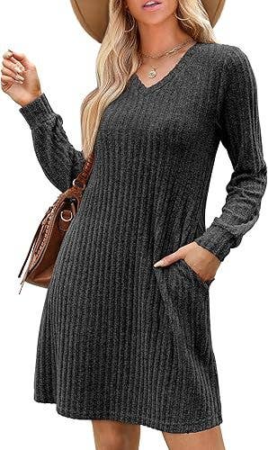 V-NECK POCKET FROSTED LONG-SLEEVED CASUAL DRESS