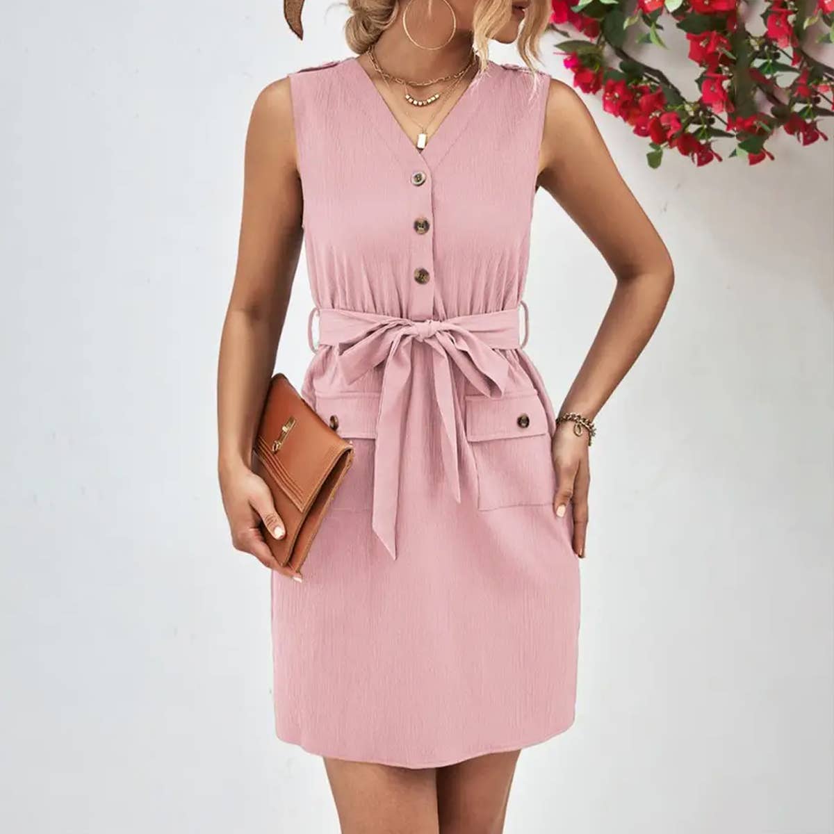 SLEEVELESS V NECK BUTTON UP DRESS_CWDSD2641