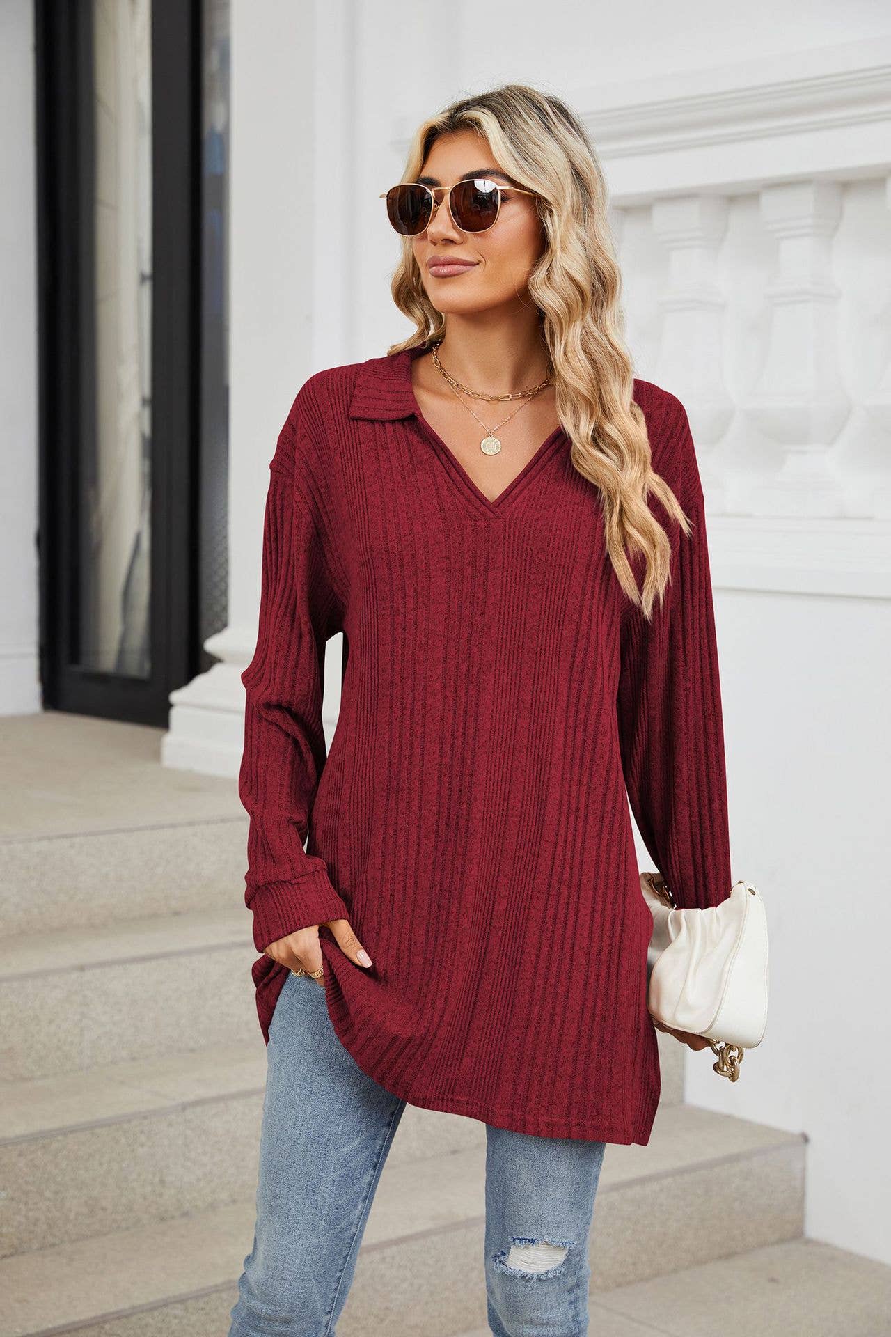 Solid-color V-neck long-sleeved loose slit Top