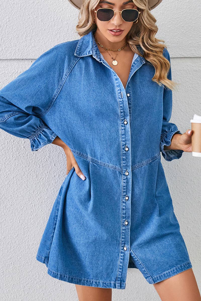 Loose wash long sleeve denim single breasted short dress