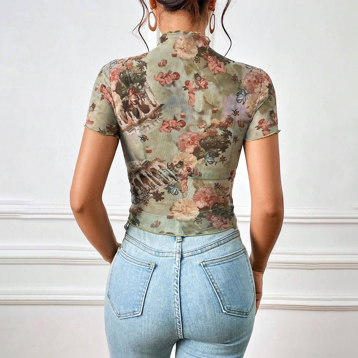FLORAL PRINT MESH TOP WITH RUFFLE DETAILING