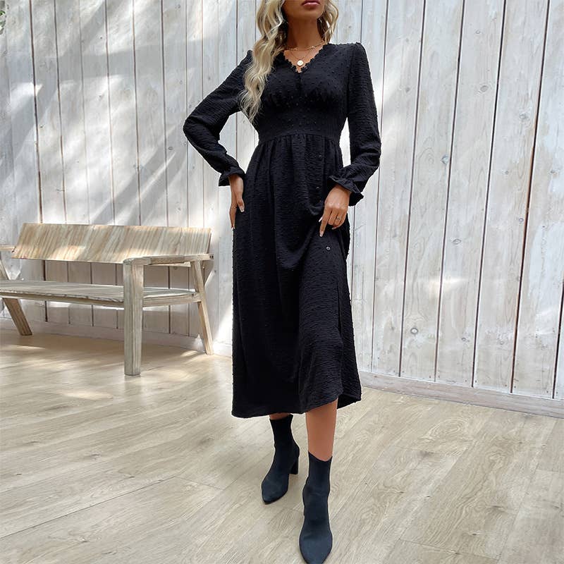 LONG-SLEEVED BLACK POLKA DOT JACQUARD SLIT DRESS