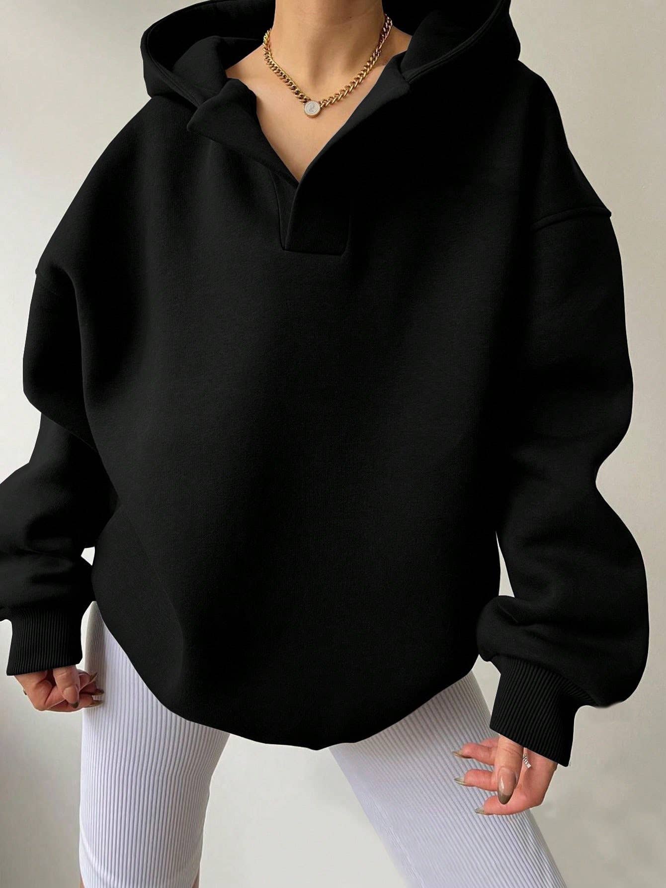 SOLID COLOR LONG SLEEVE LOOSE HOODED SWEATSHIRT