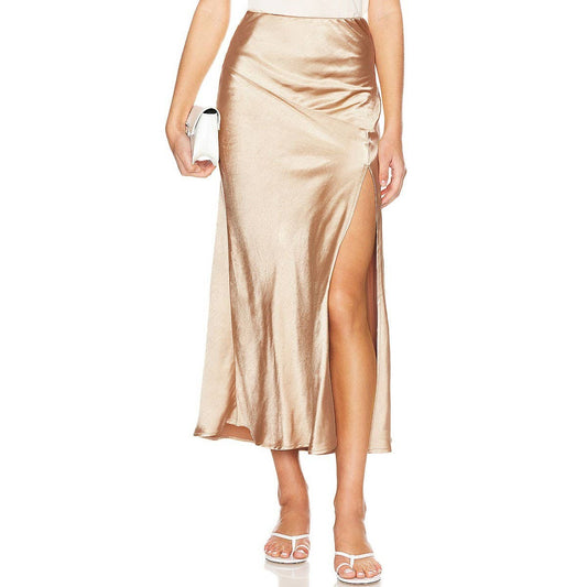 SATIN SKIRT HIGH WAIST ELASTIC SLIT LONG SKIRT