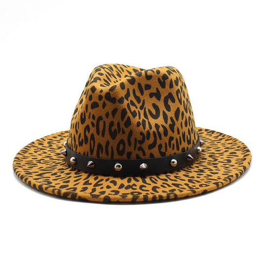 LEOPARD PRINT HAT JAZZ HAT RIVET WIDE BRIM HAT_CWAH2572