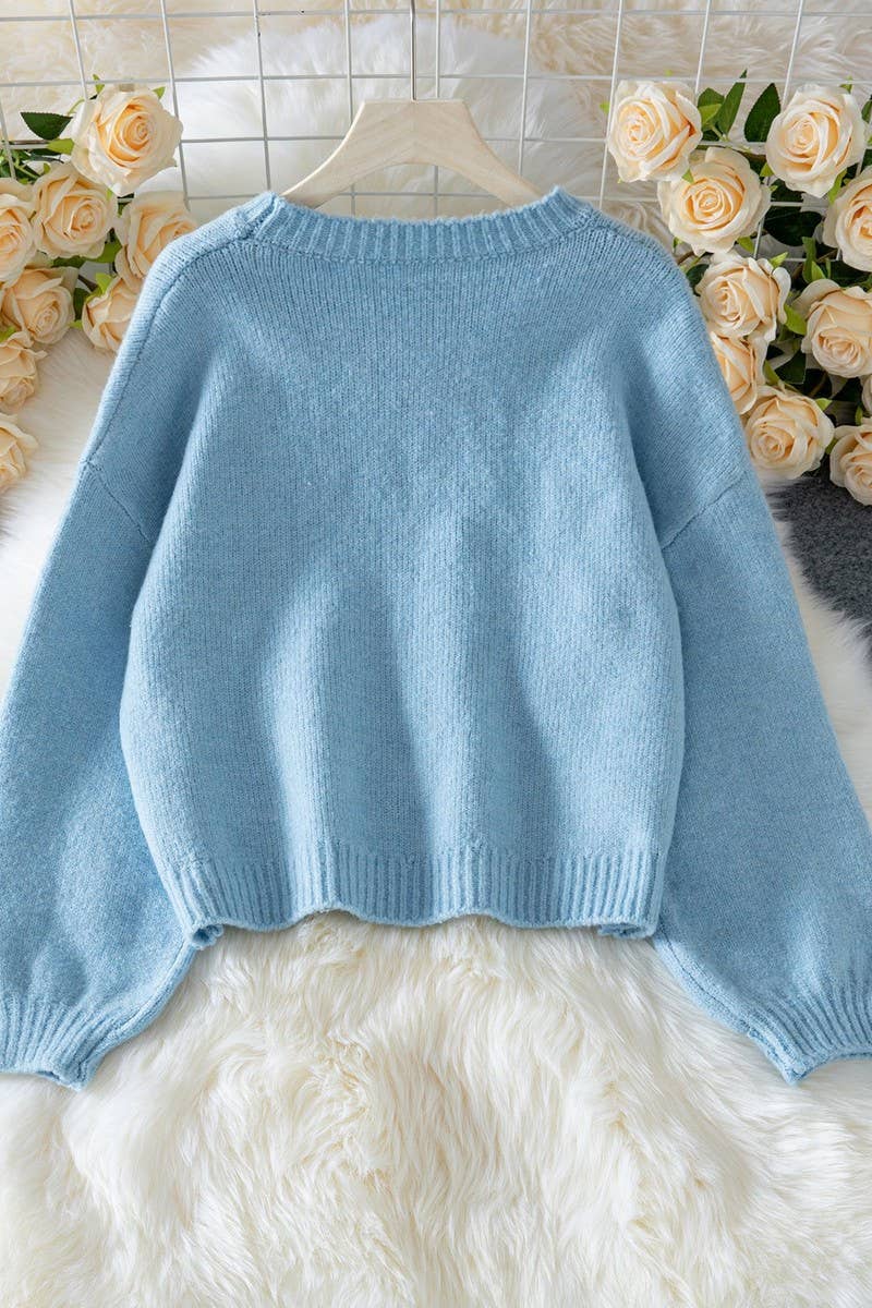 CWOSWL07452_LOOSE LANTERN SLEEVE CREW NECK KNIT SWEATER