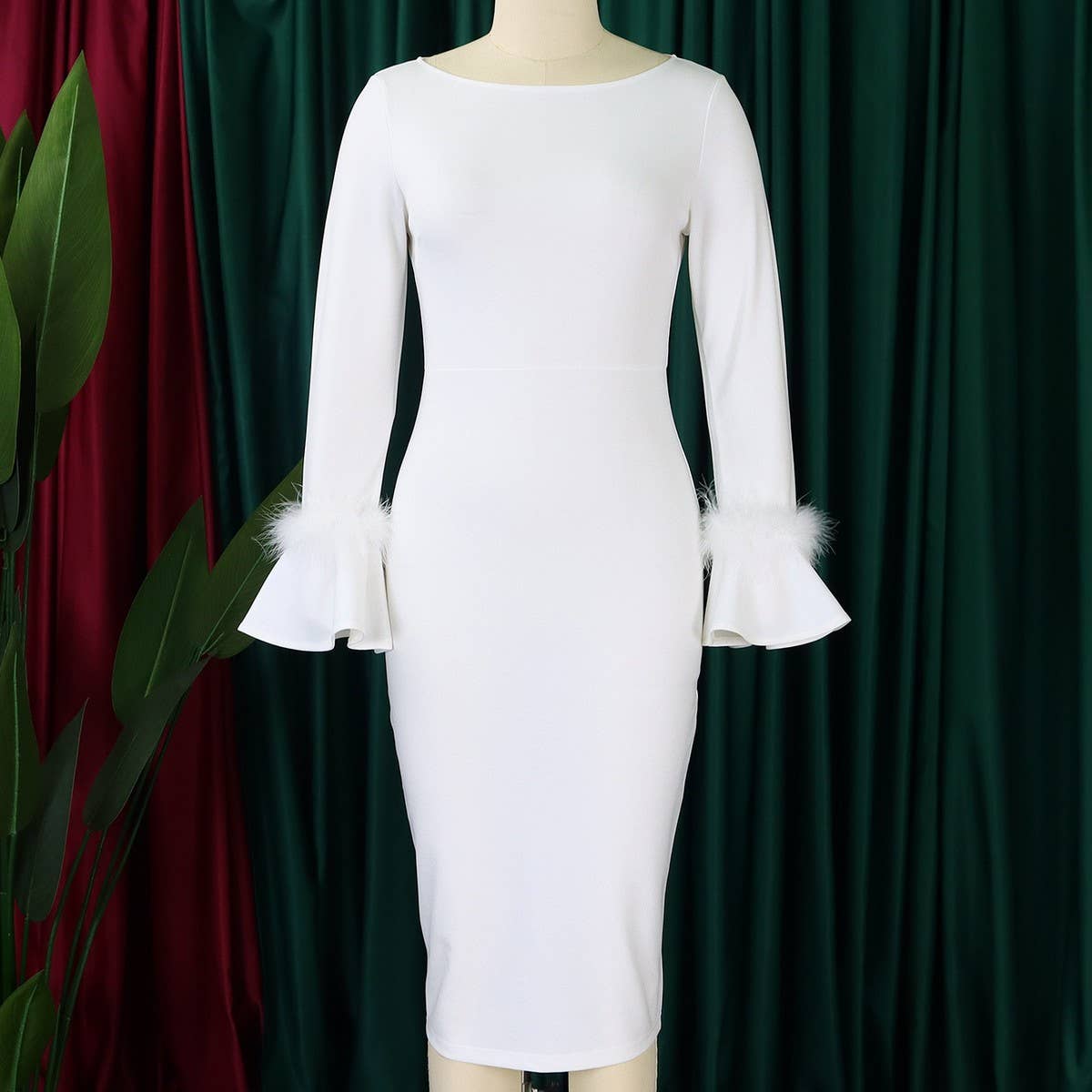 FASHION SOLID COLOR HIPWRAPPED FLARED SLEEVE DRESS_CWDMD3663