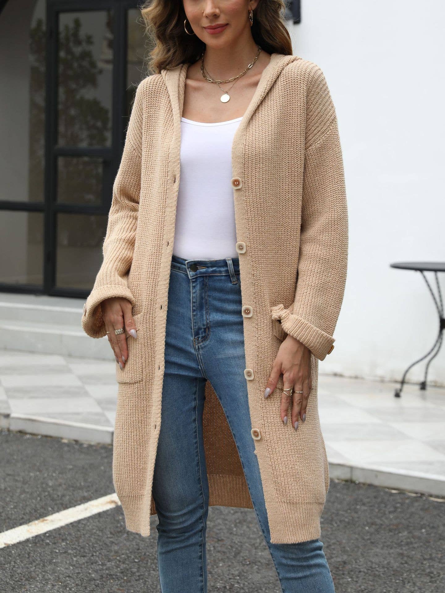 V-NECK LOOSE SOLID COLOR HOODED CARDIGAN