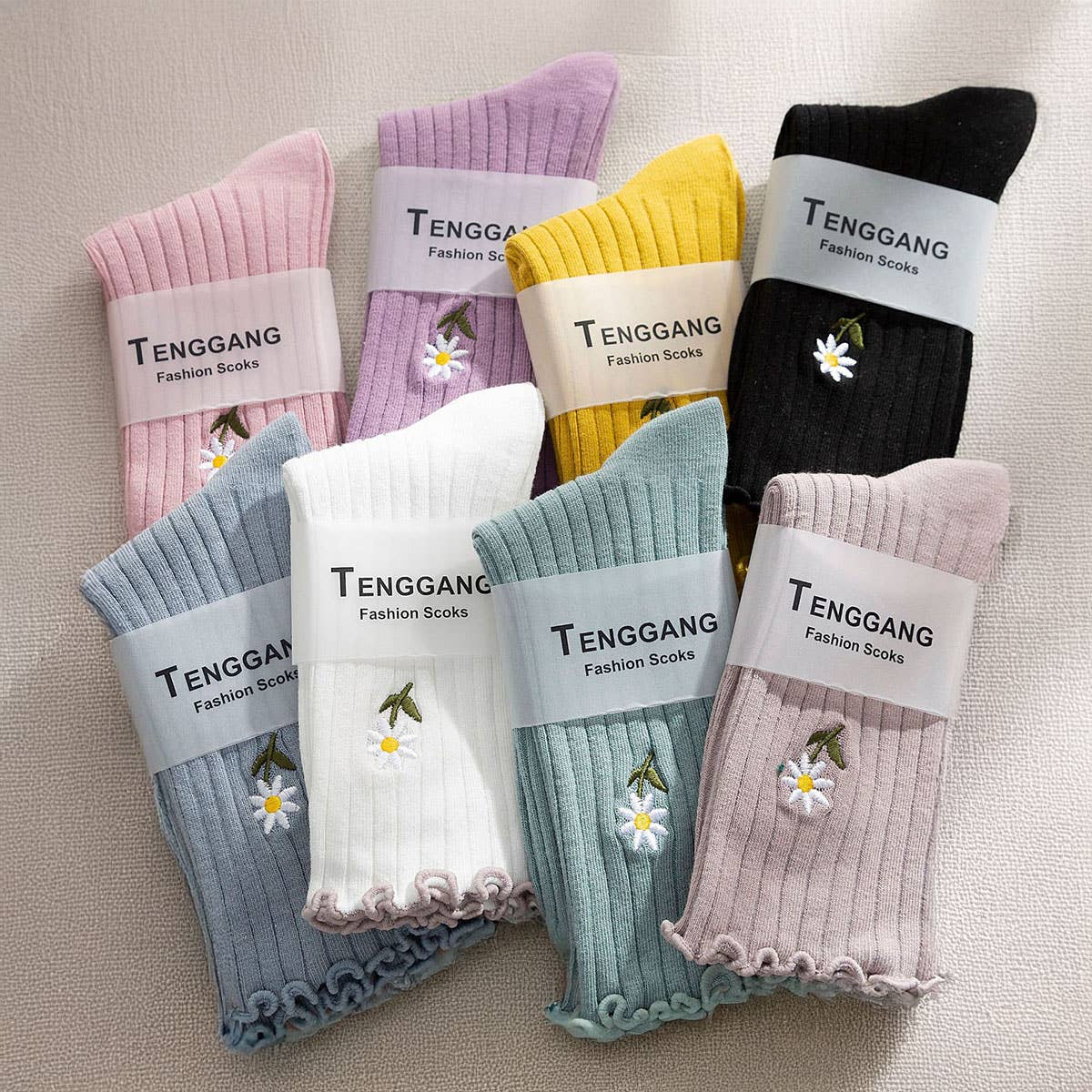 Flower Embroidery Crew Ruffle Socks Women
