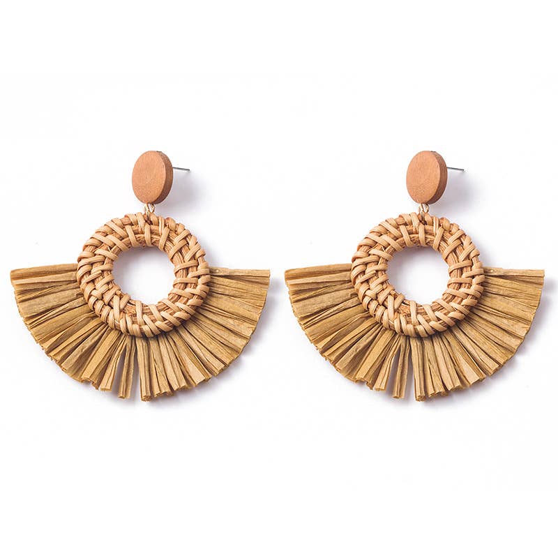 Hand-woven geometric rattan raffia earrings