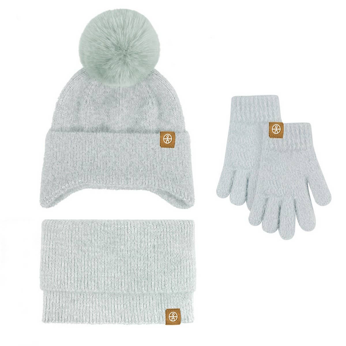 KNITTED POM POM EARMUFF HAT THREE-PIECE SET