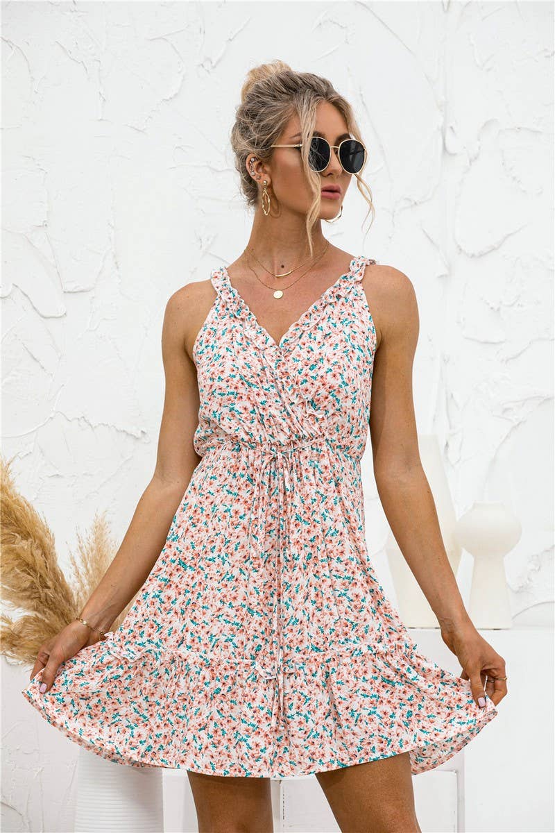 SEXY V NECK HALTER RUFFLED FLORAL DRESS_CWDSD2630