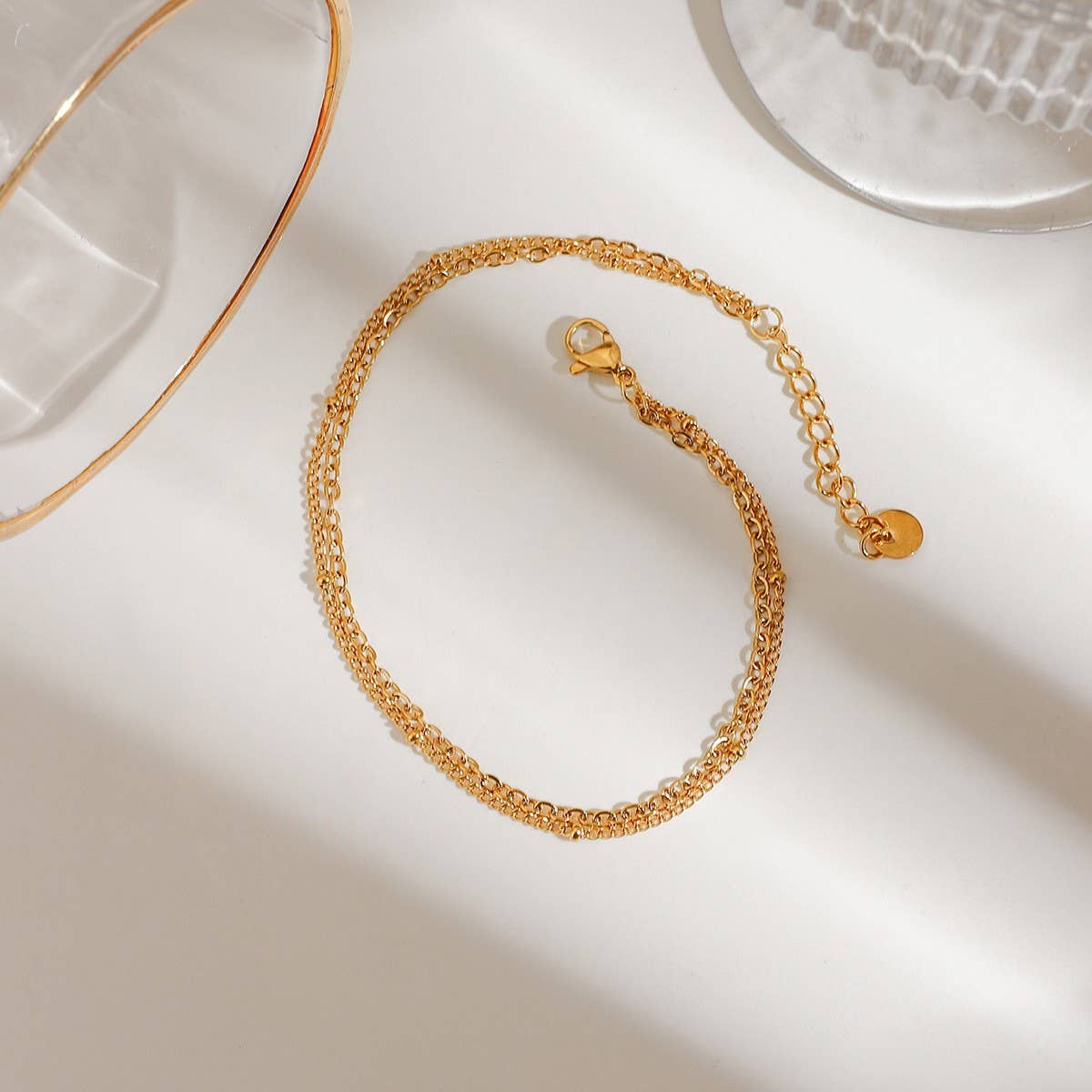 Trendy 18K Gold Beaded O-Link Double Anklet