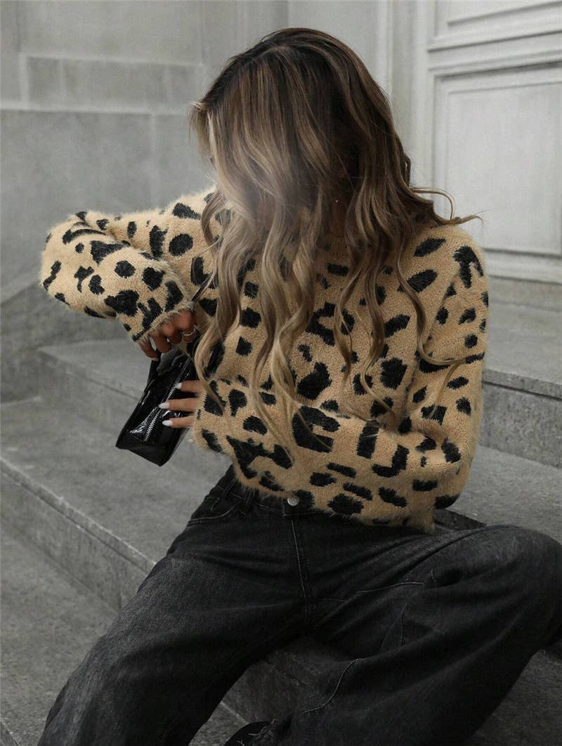 Leopard print simple short pullover sweater