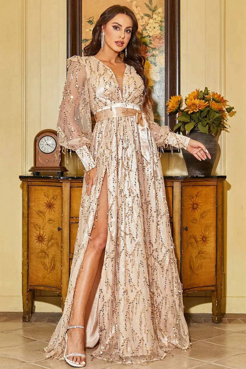 CWDMD5427_ELEGANT SEQUIN DEEP-V HALTER FORMAL MAXI DRESS