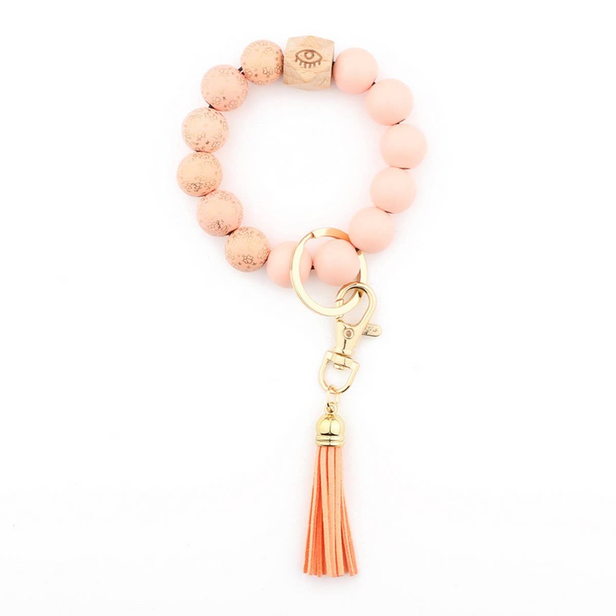 Printed Wood Bead Bracelet with PU Tassel Keychain_CWMM7015