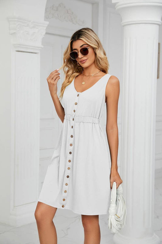 CWDSD3114_ROUND NECK SLEEVELESS BUTTON POCKET WAIST DRESS