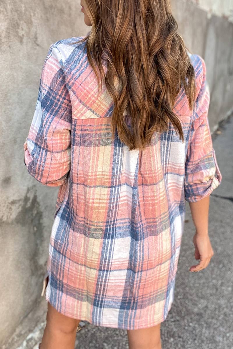 CWDSD6623_SINGLE-BREASTED PLAID LONG-SLEEVED SHIRT DRESS