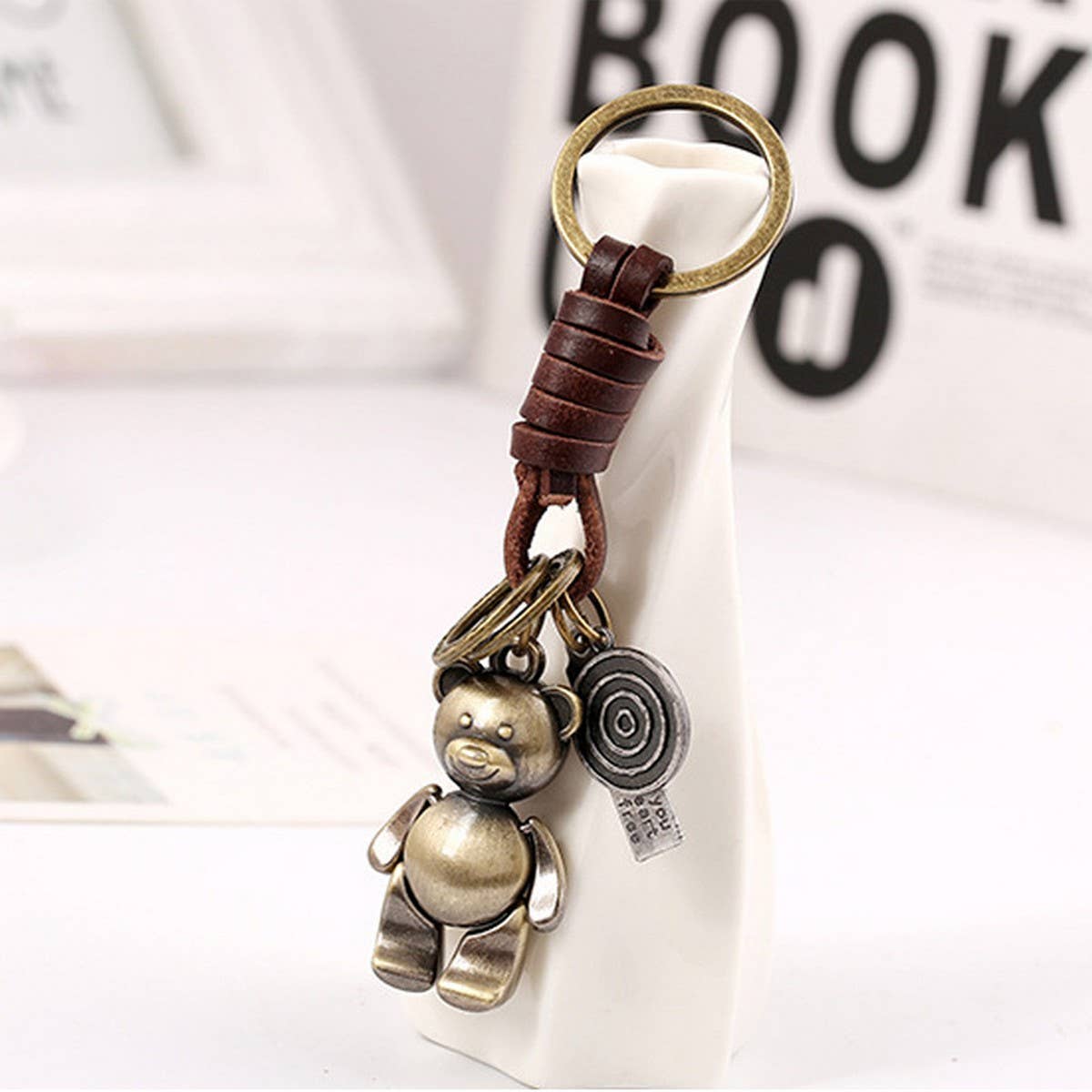 MOVABLE CARTOON BEAR LEATHER KEYCHAIN
