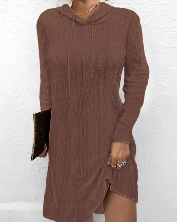 SOLID COLOR LONG-SLEEVED HOODED JUMPER KNIT DRESS