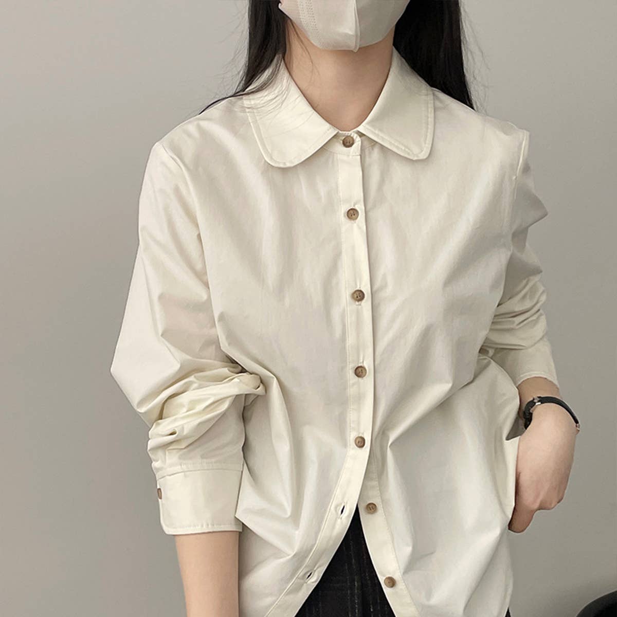 Solid color doll collar washed cotton shirt