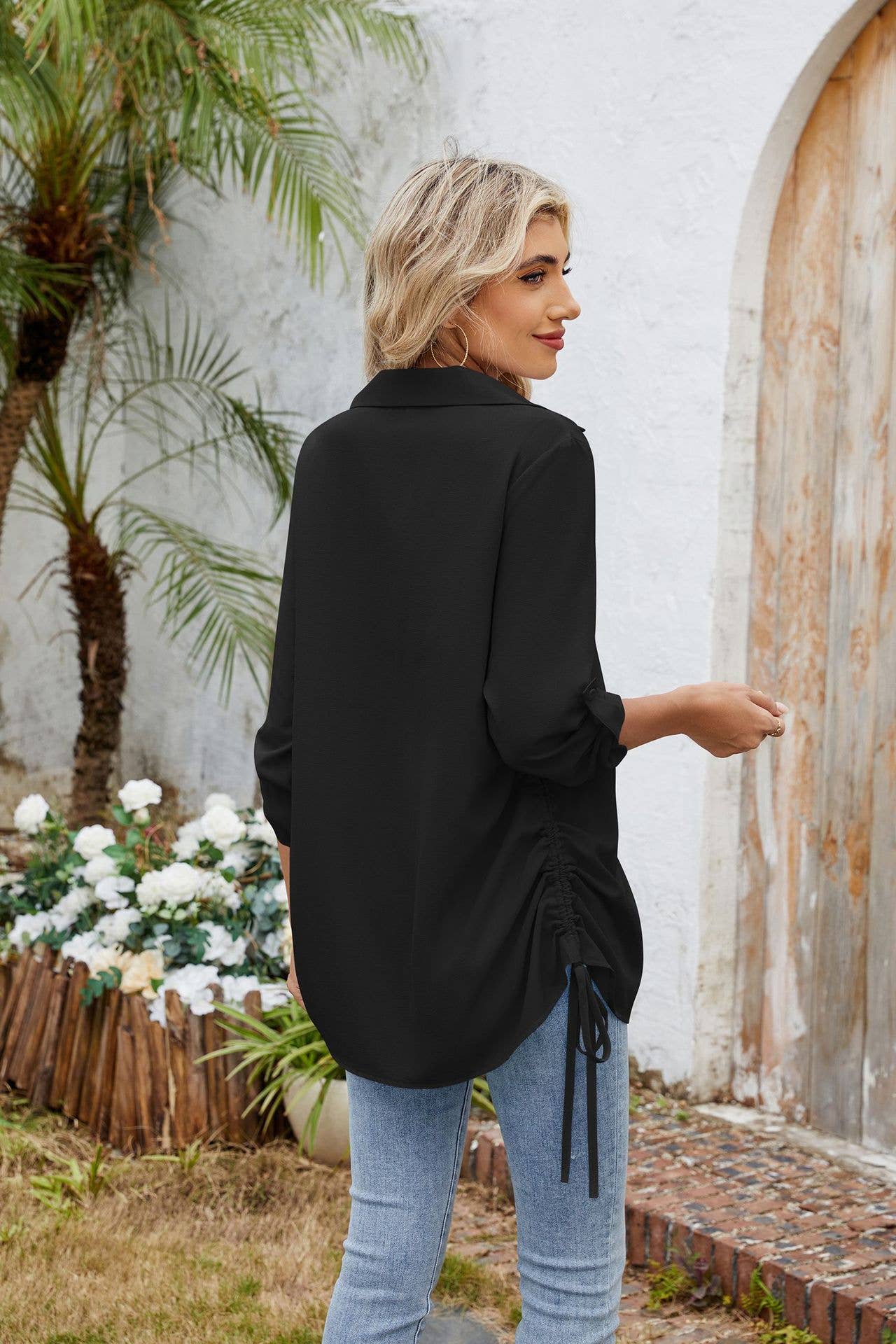 Solid color lapel loose mid-sleeved chiffon shirt