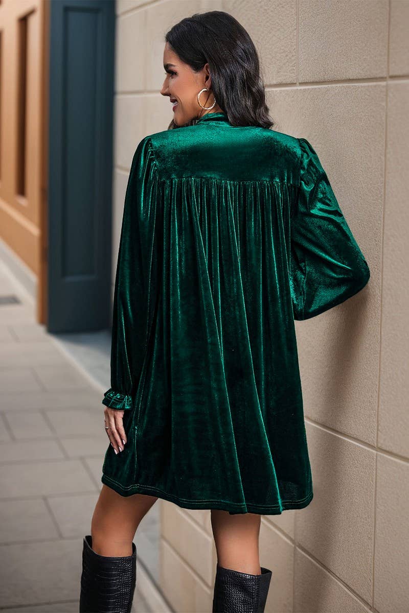 CWDSD6217_V-NECK LONG-SLEEVED GOLD VELVET DRESS