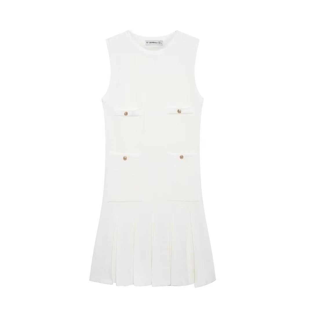 SLEEVELESS WIDE-PLEATED KNIT MINI DRESS