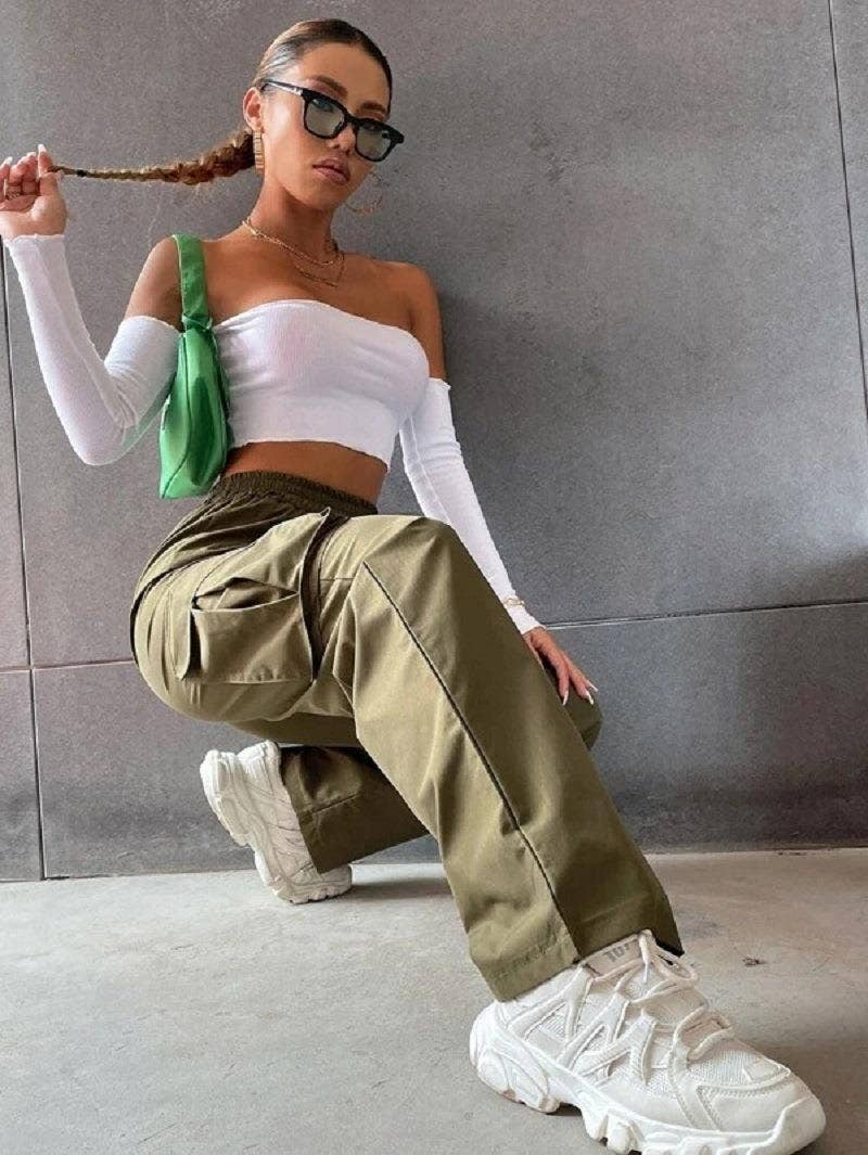 SOLID COLOR HIGH-WAISTED POCKET CARGO PANTS