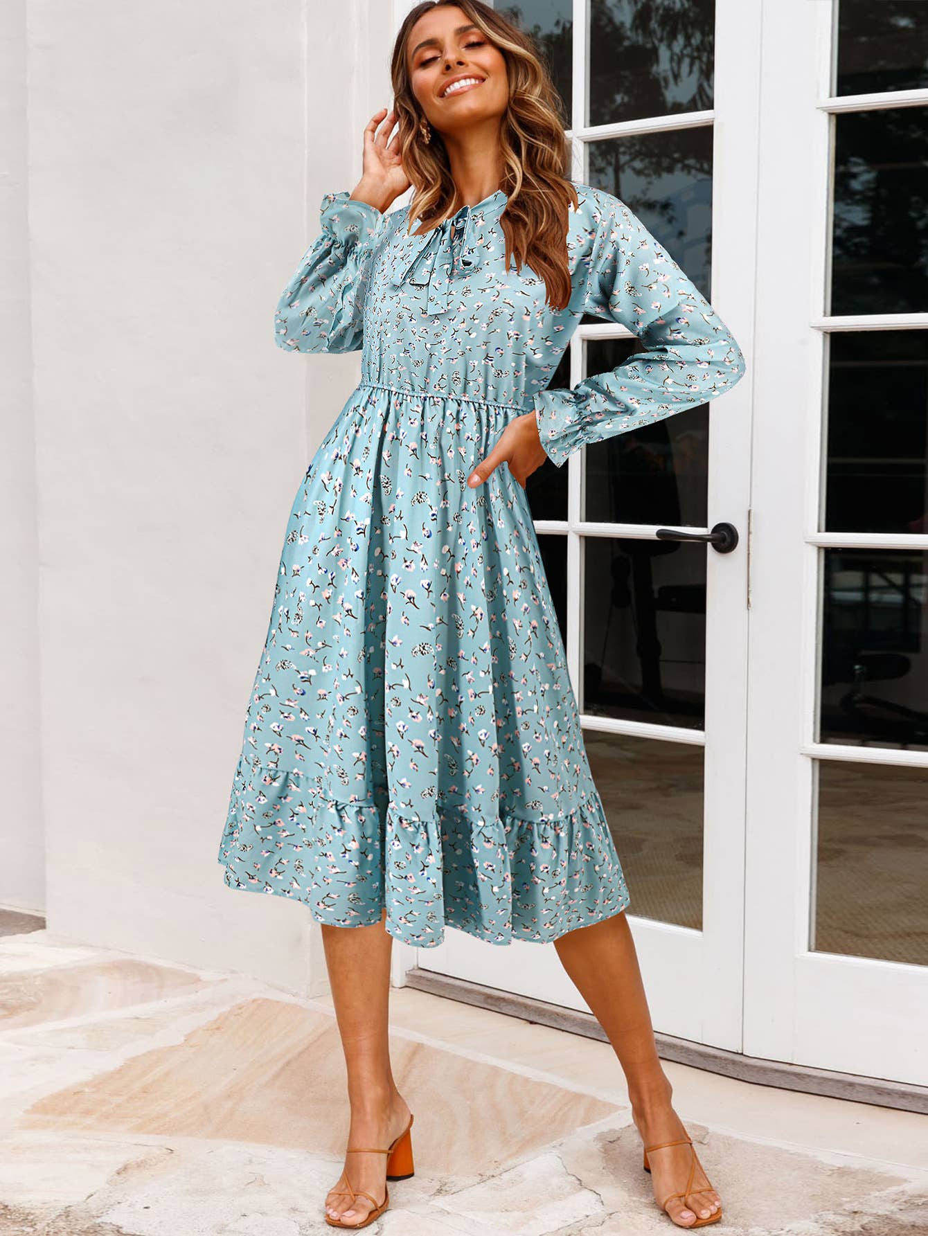 Waist-Cinched Floral Ruffle Bell Sleeve Dress