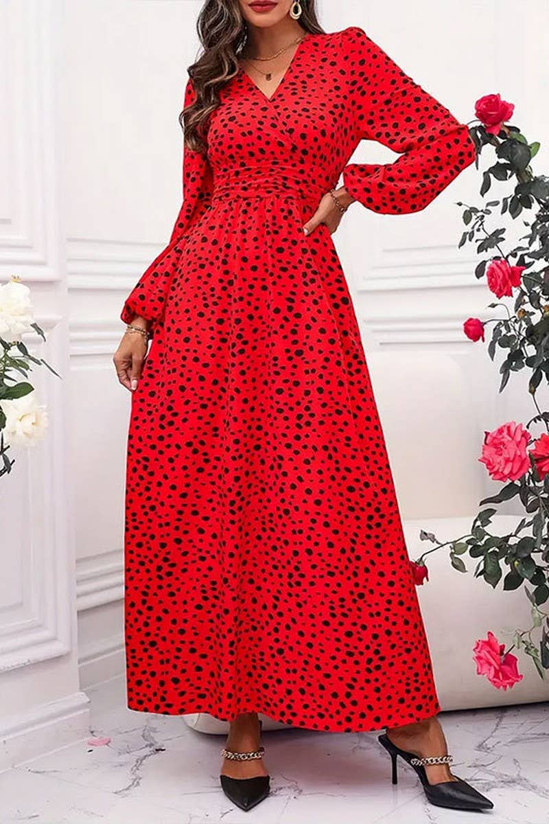 CWDMD5067_V-NECK WAIST POLKA DOT PLEATED LONG SLEEVE DRESS
