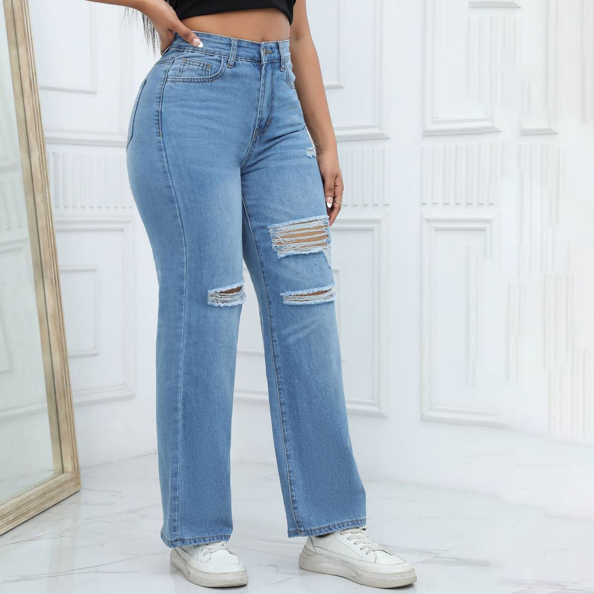 WOMENS WASHED HOLE BELL BOTTOMED PANTS JEANS_CWJP0166