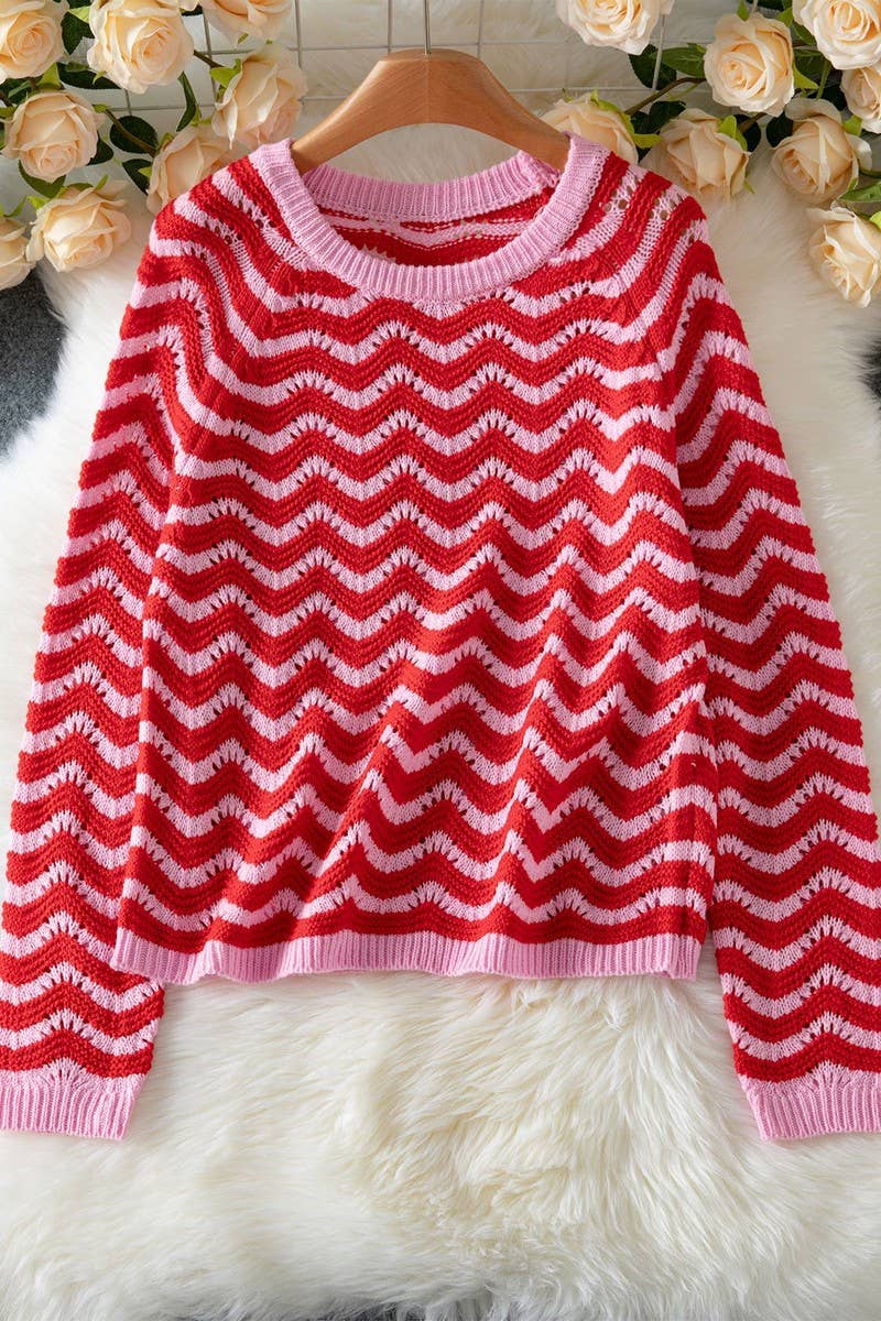 CWOSWL07449_CREW NECK WAVY STRIPE CASUAL KNIT SWEATER