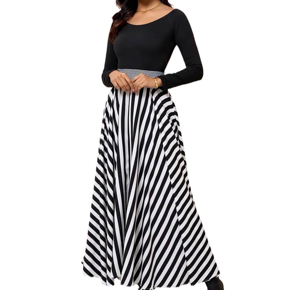 Long-sleeved, striped, sexy slim-fitting dress