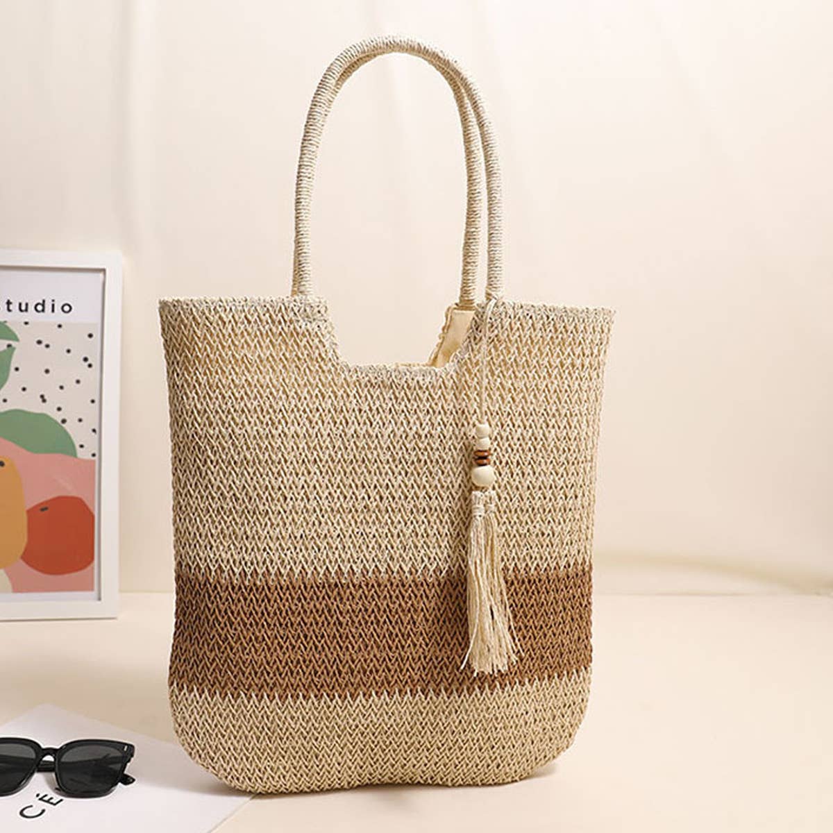 CASUAL WOVEN TWO-COLOR BEACH BAG WOVEN BAG_CWAB1861