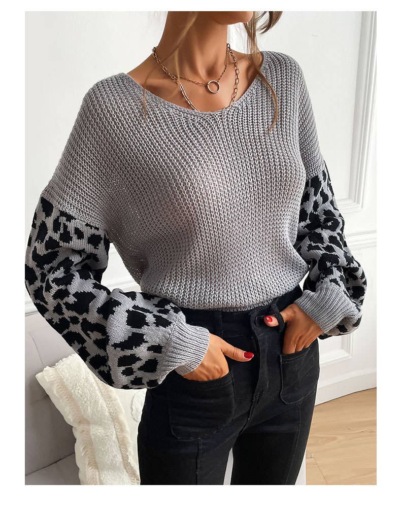 V-neck loose leopard print patchwork sweater